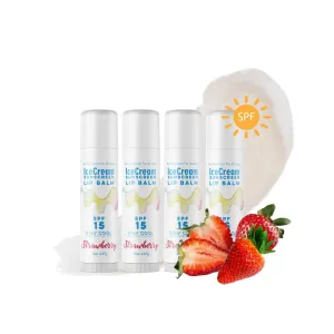 4-Pack Lip Balm Gift Set by IceCream Sunscreen Strawberry Scented Flavor SPF15 Natural Lip Moisturizer Enriched with Coconut Oil, Sunflower Oil, Shea Butter, and Vitamin E | Pack of 4