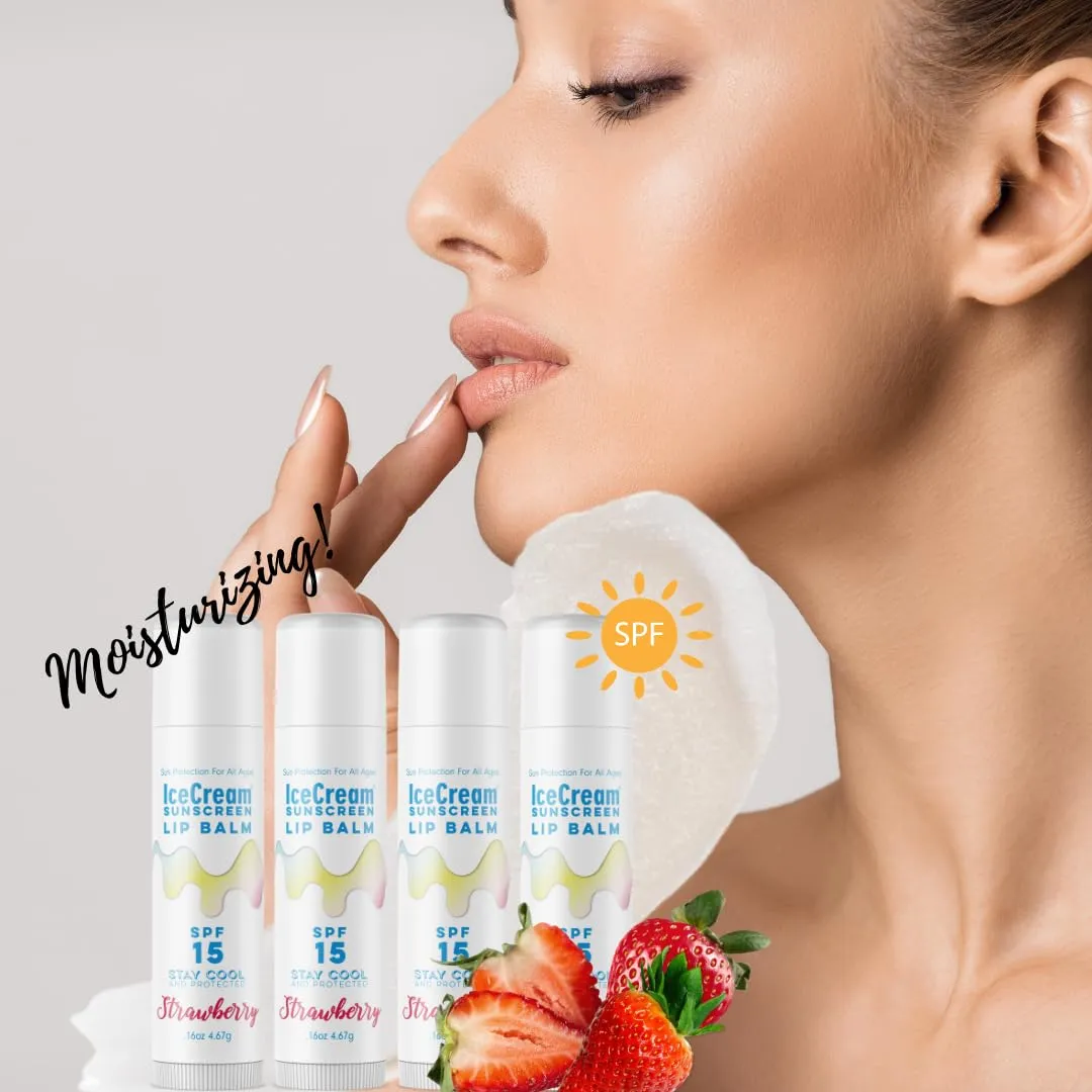 4-Pack Lip Balm Gift Set by IceCream Sunscreen Strawberry Scented Flavor SPF15 Natural Lip Moisturizer Enriched with Coconut Oil, Sunflower Oil, Shea Butter, and Vitamin E | Pack of 4