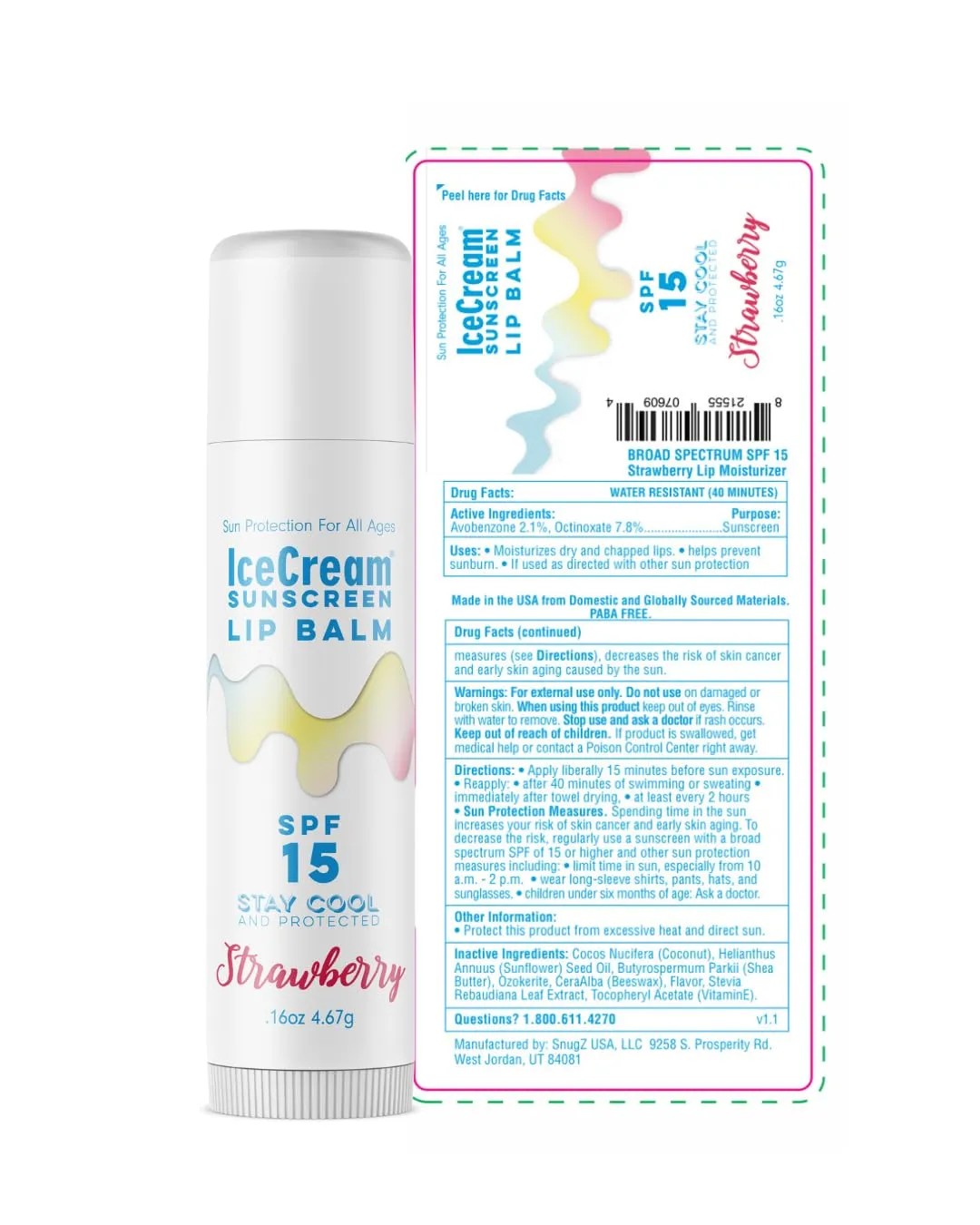 4-Pack Lip Balm Gift Set by IceCream Sunscreen Strawberry Scented Flavor SPF15 Natural Lip Moisturizer Enriched with Coconut Oil, Sunflower Oil, Shea Butter, and Vitamin E | Pack of 4