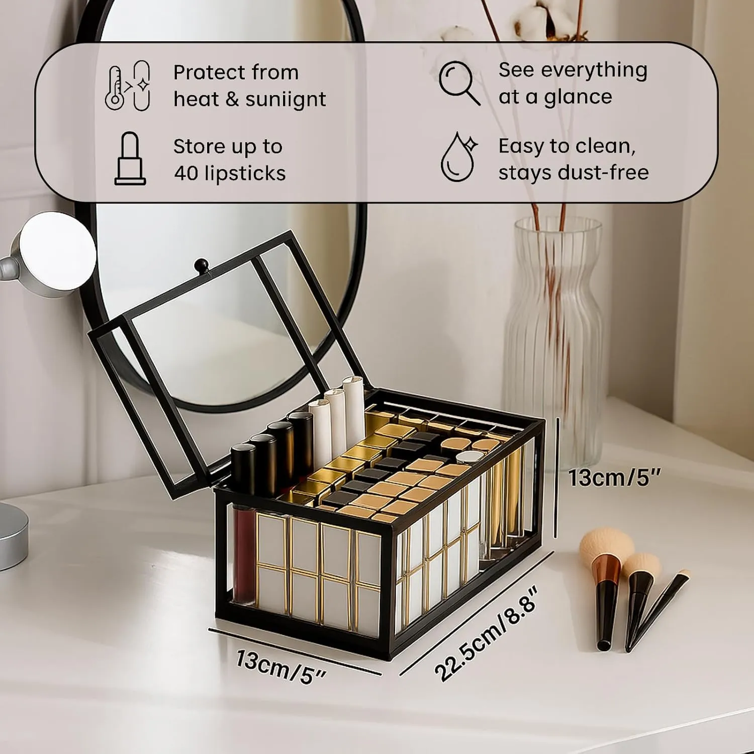 40 Lipsticks Organizer with Lid, Glass Display Box Fits Large Perfume & Skincare, Easy-Access Organiser for Vanity Countertop, Multifunctional Display Box in Any Rooms