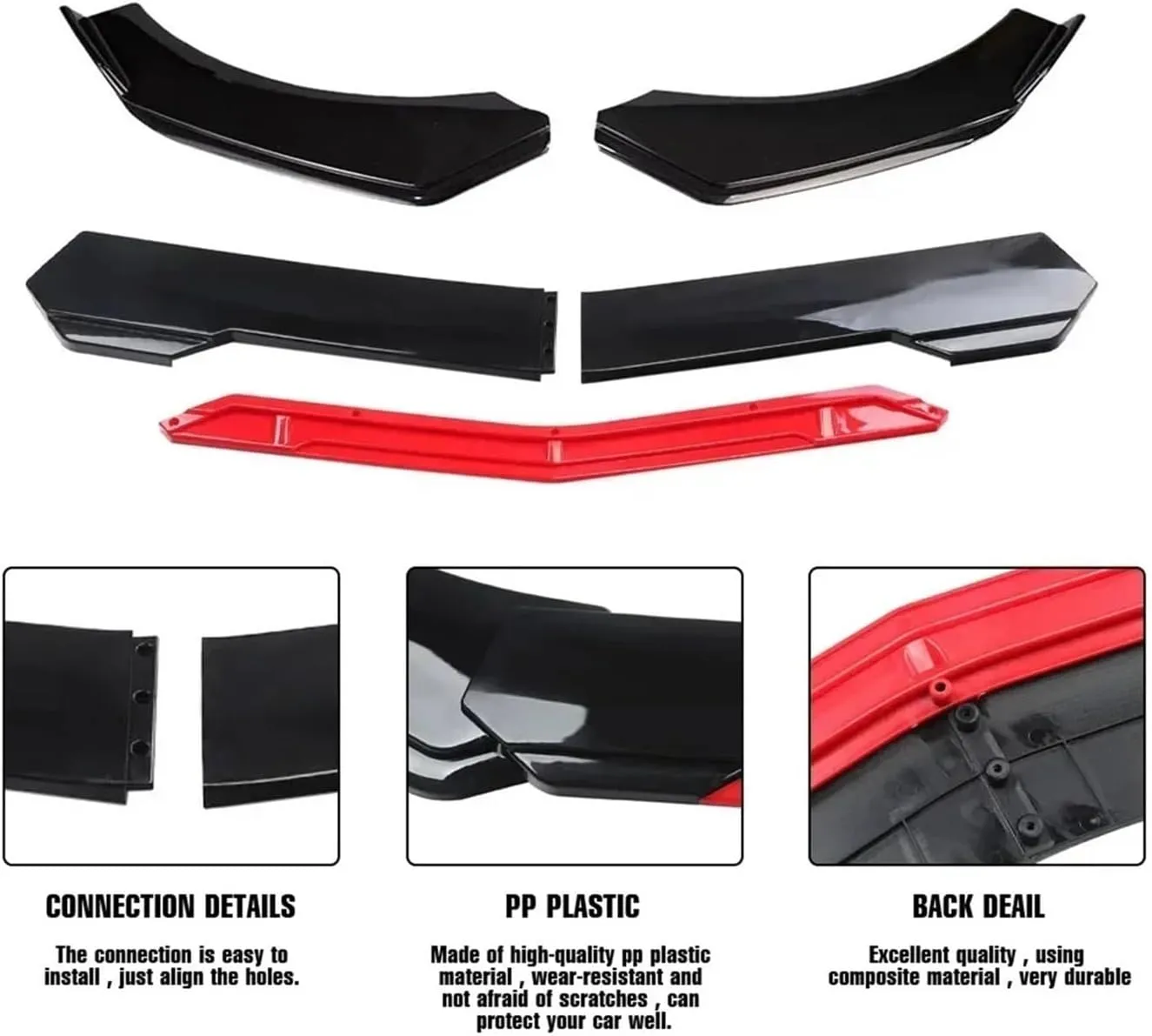 4/5PCS Universal Adjustable Great ABS Plastic Front Bumper Lip Separator Body Duck Lip Splitter Chin Spoiler Body Kit(5pc Black Red Round)