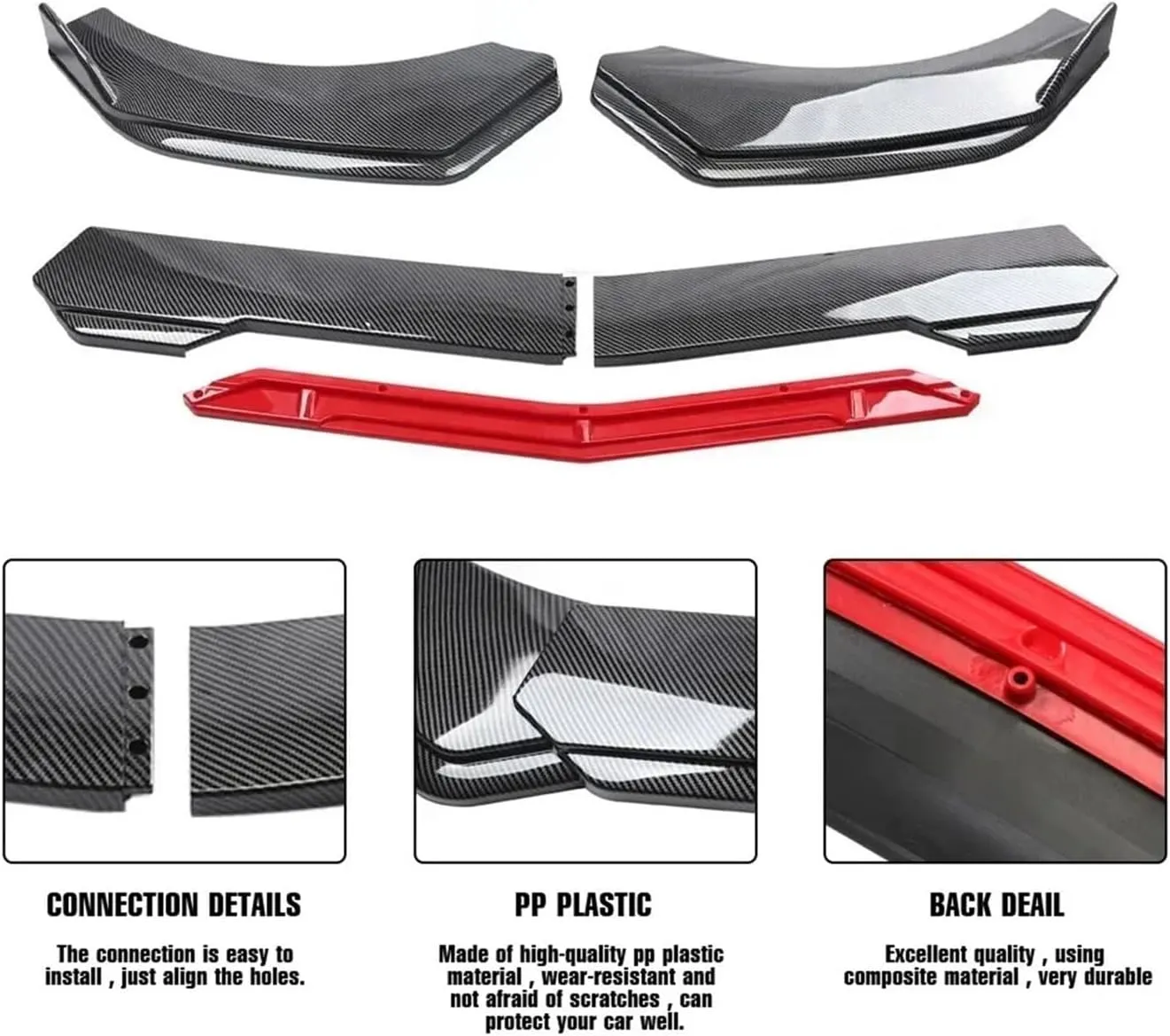 4/5PCS Universal Adjustable Great ABS Plastic Front Bumper Lip Separator Body Duck Lip Splitter Chin Spoiler Body Kit(5pc Black Red Round)