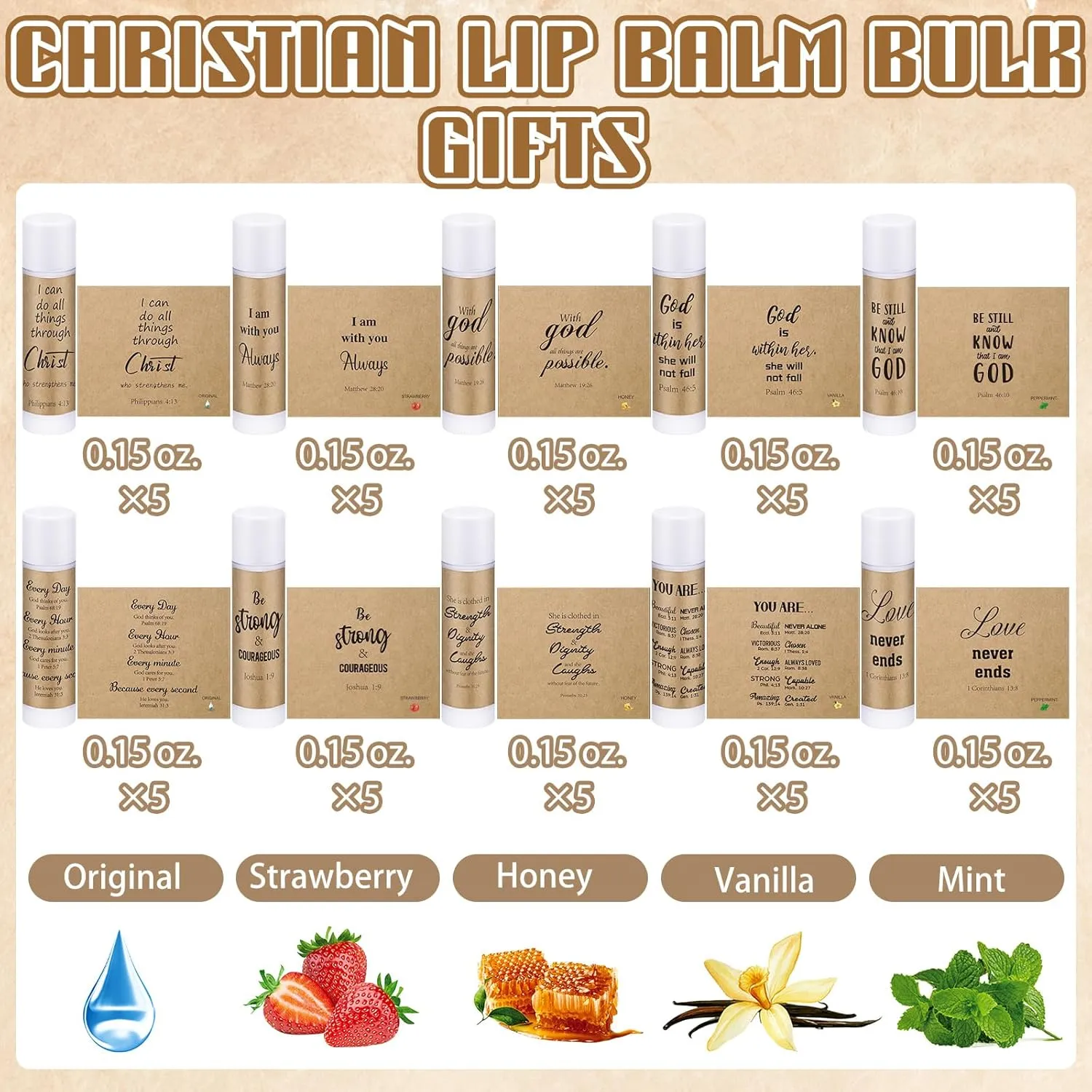 50 Pack Religious Lip Balm for Women Lip Balm with Scripture Bulk Christian Gifts Faith Bible Verse Scripture Inspirational Gift Party Favors Coworkers 10 Styles(Rustic)