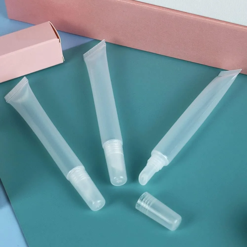 50 PCS Empty long slim 15ml squeeze lip gloss tube lip oil soft tubes with Syringes (Clear lid)