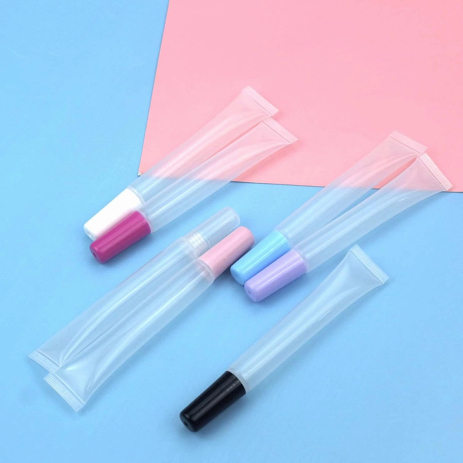50 PCS Empty long slim 15ml squeeze lip gloss tube lip oil soft tubes with Syringes (black lid)