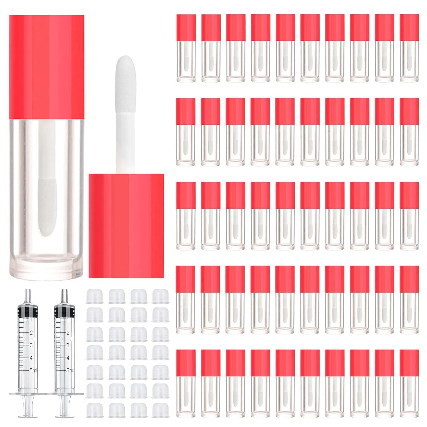 50pcs 2.5ml Empty Lip Gloss Containers Lip Gloss Tubes with Wand Cute 0.08oz Clear Refillable Lipgloss Making Supplies Kit for DIY Makeup   2pcs Syringes (Red)