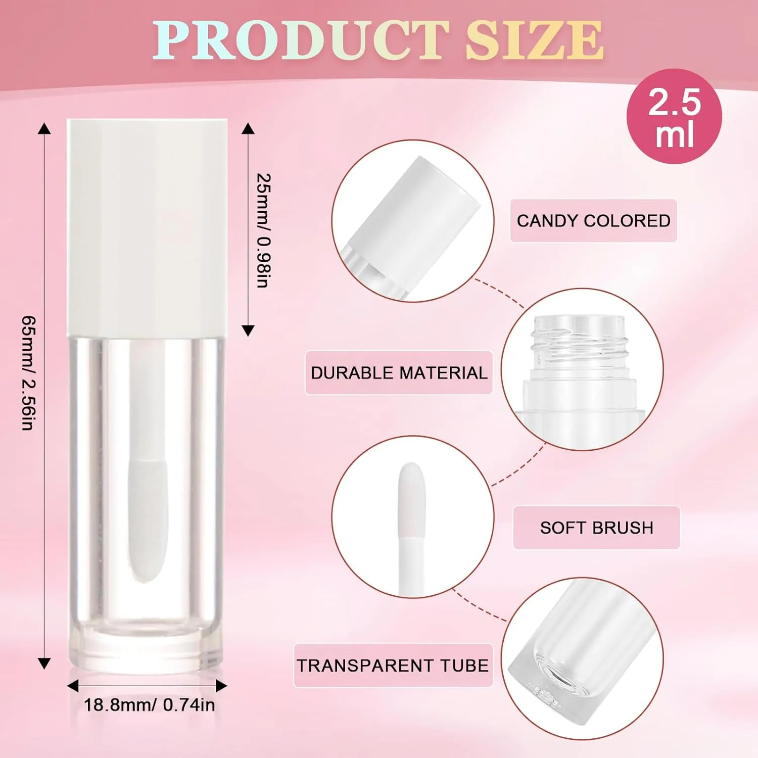 50pcs 2.5ml Empty Lip Gloss Containers Lip Gloss Tubes with Wand Cute 0.08oz Clear Refillable Lipgloss Making Supplies Kit for DIY Makeup   2pcs Syringes (White)