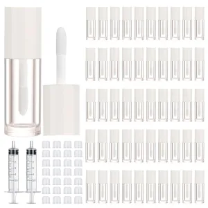 50pcs 2.5ml Empty Lip Gloss Containers Lip Gloss Tubes with Wand Cute 0.08oz Clear Refillable Lipgloss Making Supplies Kit for DIY Makeup   2pcs Syringes (White)