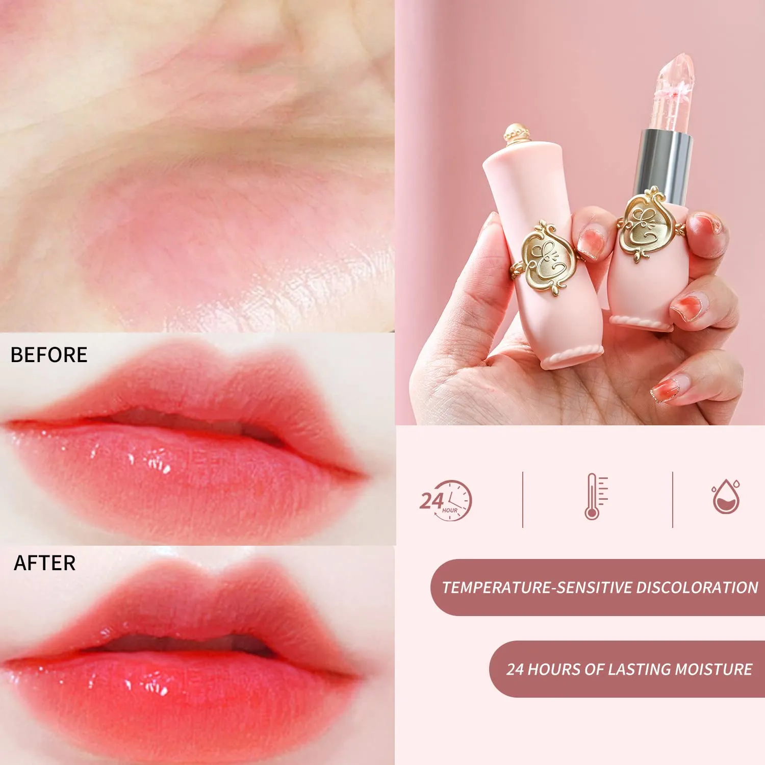 6 Pcs/Set Flower Jelly Lipstick Set Temperature Change Moisturizer Long Lasting Nutritious Shimmer Lip Balm Magic Color Change Lip Gloss (Color Changing Lipstick Set B)
