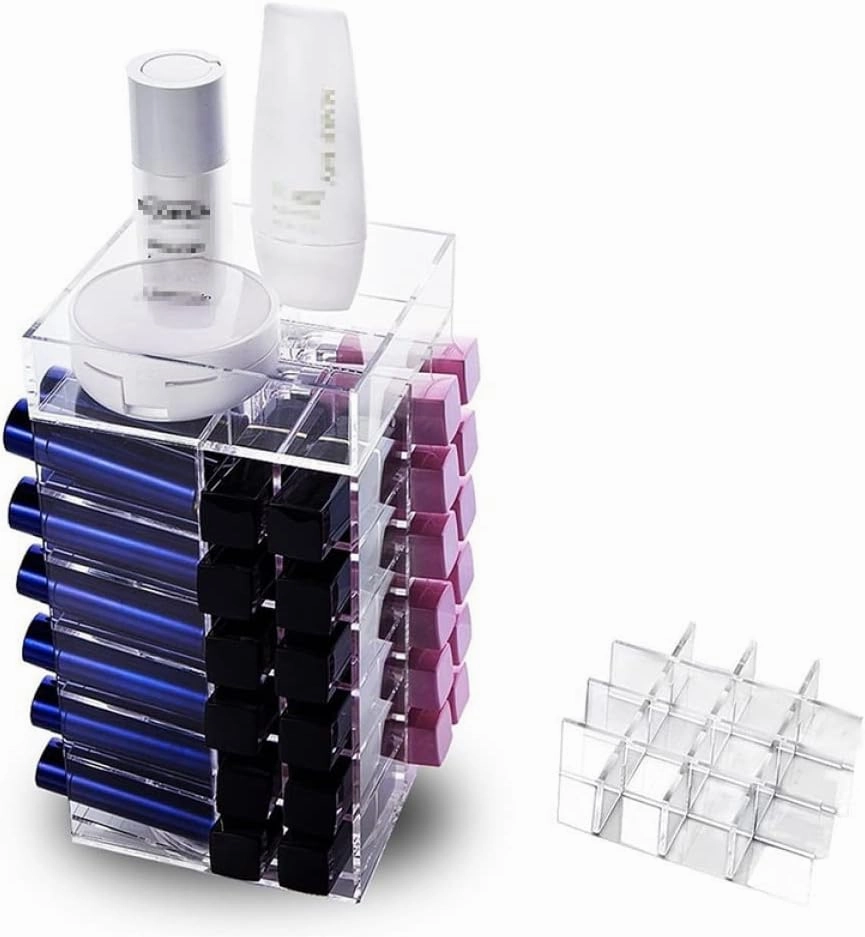 64 Clear Lipglosses Makeup Tower Acrylic Display Risers Clear Lipstick Holder Lip Gloss Clear Brush Holders Display Shelves Lip Organizer to Rotate Detachable Storage Box