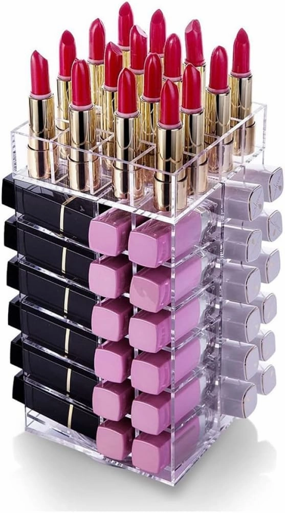64 Clear Lipglosses Makeup Tower Acrylic Display Risers Clear Lipstick Holder Lip Gloss Clear Brush Holders Display Shelves Lip Organizer to Rotate Detachable Storage Box