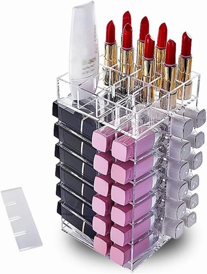 64 Clear Lipglosses Makeup Tower Acrylic Display Risers Clear Lipstick Holder Lip Gloss Clear Brush Holders Display Shelves Lip Organizer to Rotate Detachable Storage Box