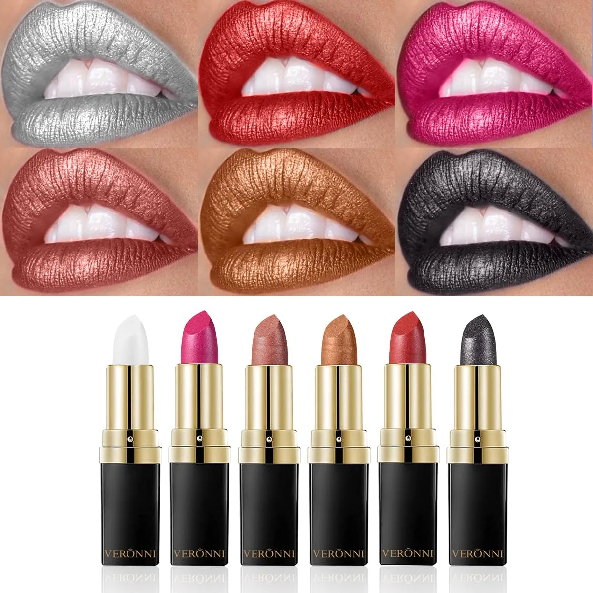 6pcs Diamond Glitter Lipstick Set, Glitter Metallic Shimmer Lipstick 6 Colors, Non-Stick Sparkling Glitter Matte Lip stick, Long-Lasting & Waterproof, Shiny Matte Lip Gloss for Women