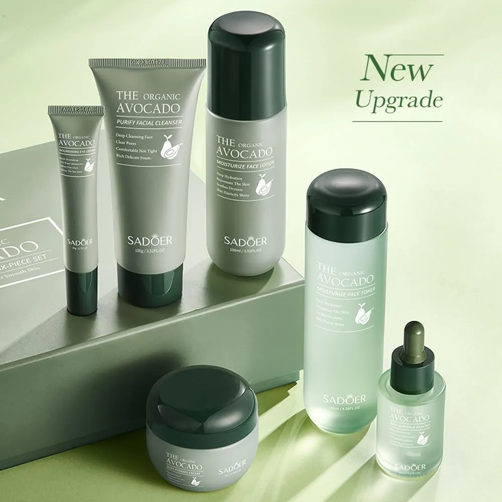 7pcs Avocado Skincare Kit, Skin Care Gift Set with Facial Cleanser, Toner, Lotion, Face Serum, Face Cream, Eye Cream, Lip Balm For Hydrating Skin Anti-Aging Skin For Women Teen Girls (7 Count)