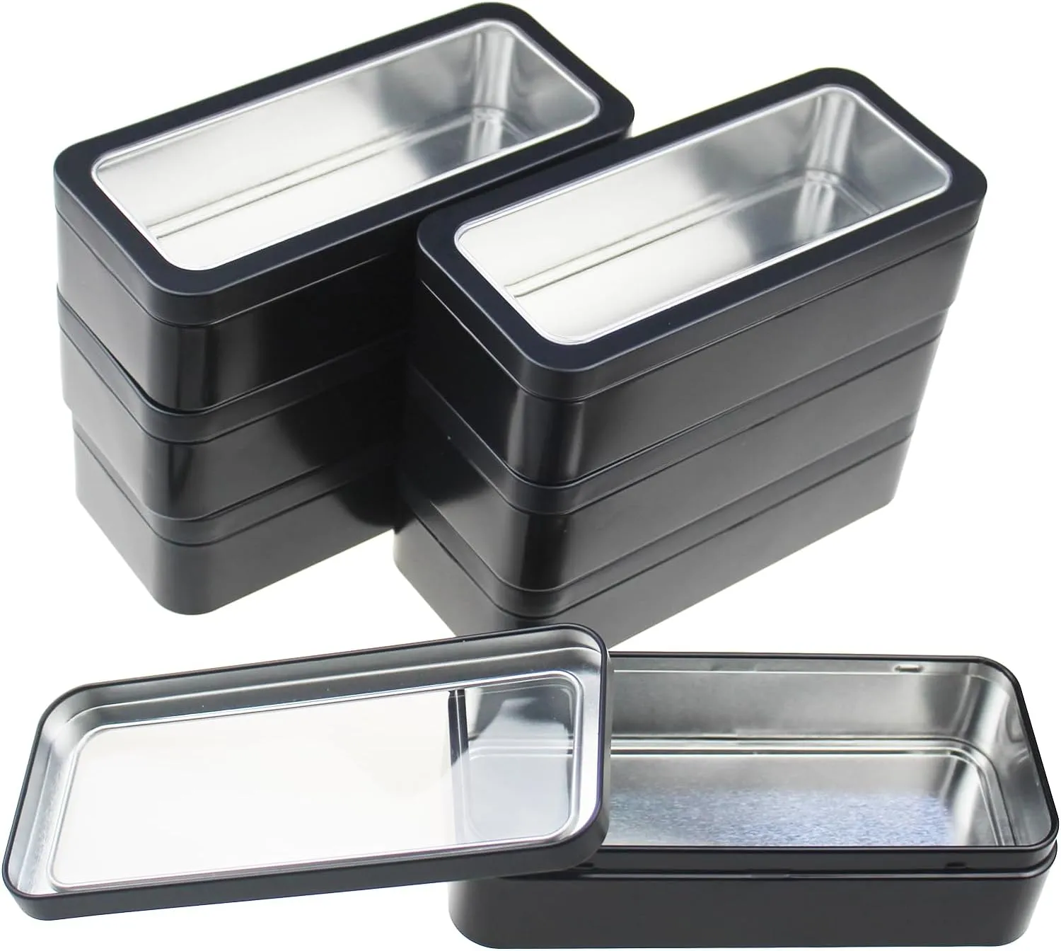 7Pcs Rectangle Metal Tins Containers with Lids Mini Storage Canister Jars Set for Home Kitchen, Office and School Supplies, 5.9" x 2.75" x 1.57" (Black)