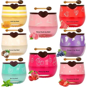 8 PCS Bee Lip Balm Honey Pot, Exfoliating Honey Coconut Cherry Mint Strawberry Watermelon Grape Peach Moisturizing Sleeping Lip Mask Overnight with Stick Prevention Dry and Crack Scrubs