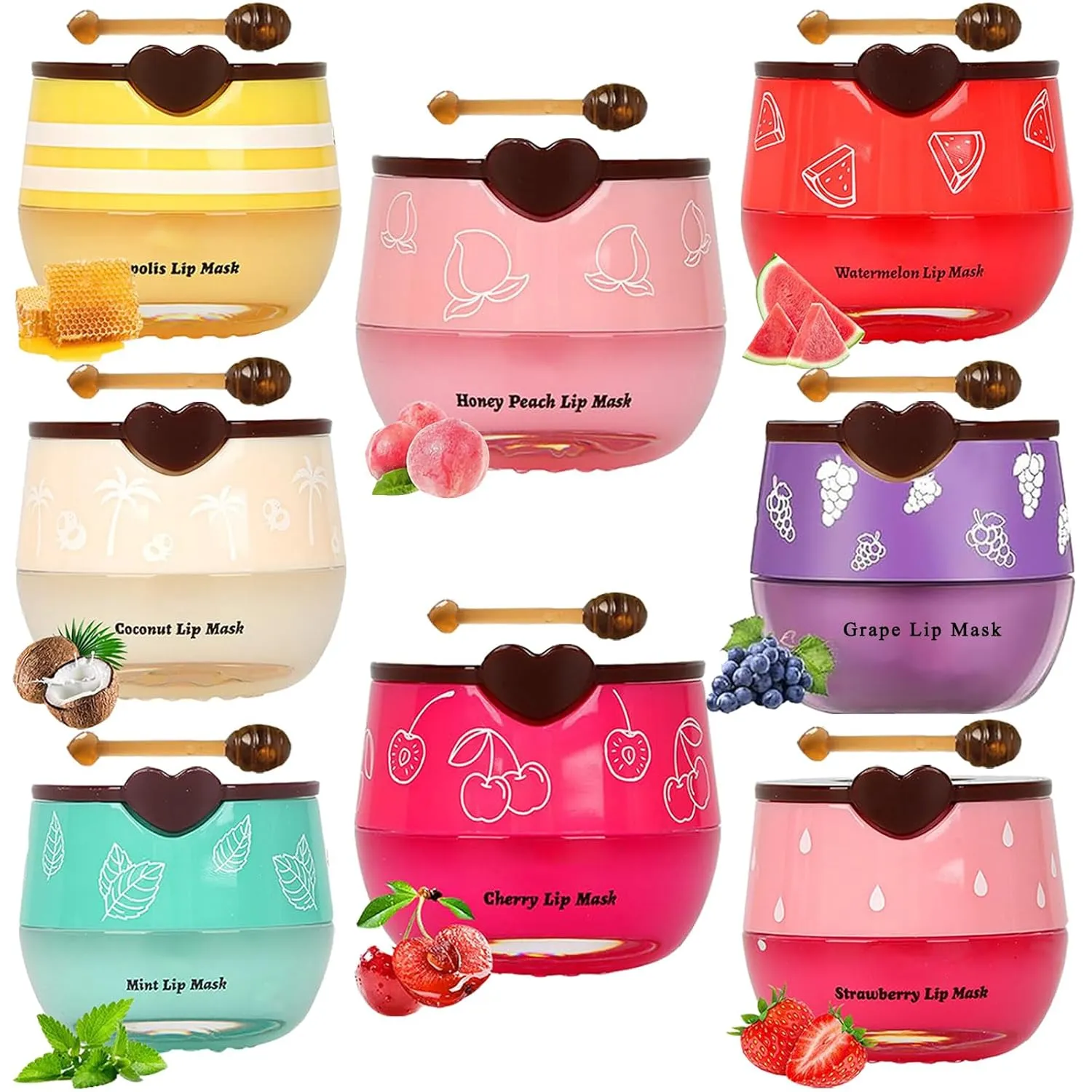 8 PCS Bee Lip Balm Honey Pot, Exfoliating Honey Coconut Cherry Mint Strawberry Watermelon Grape Peach Moisturizing Sleeping Lip Mask Overnight with Stick Prevention Dry and Crack Scrubs
