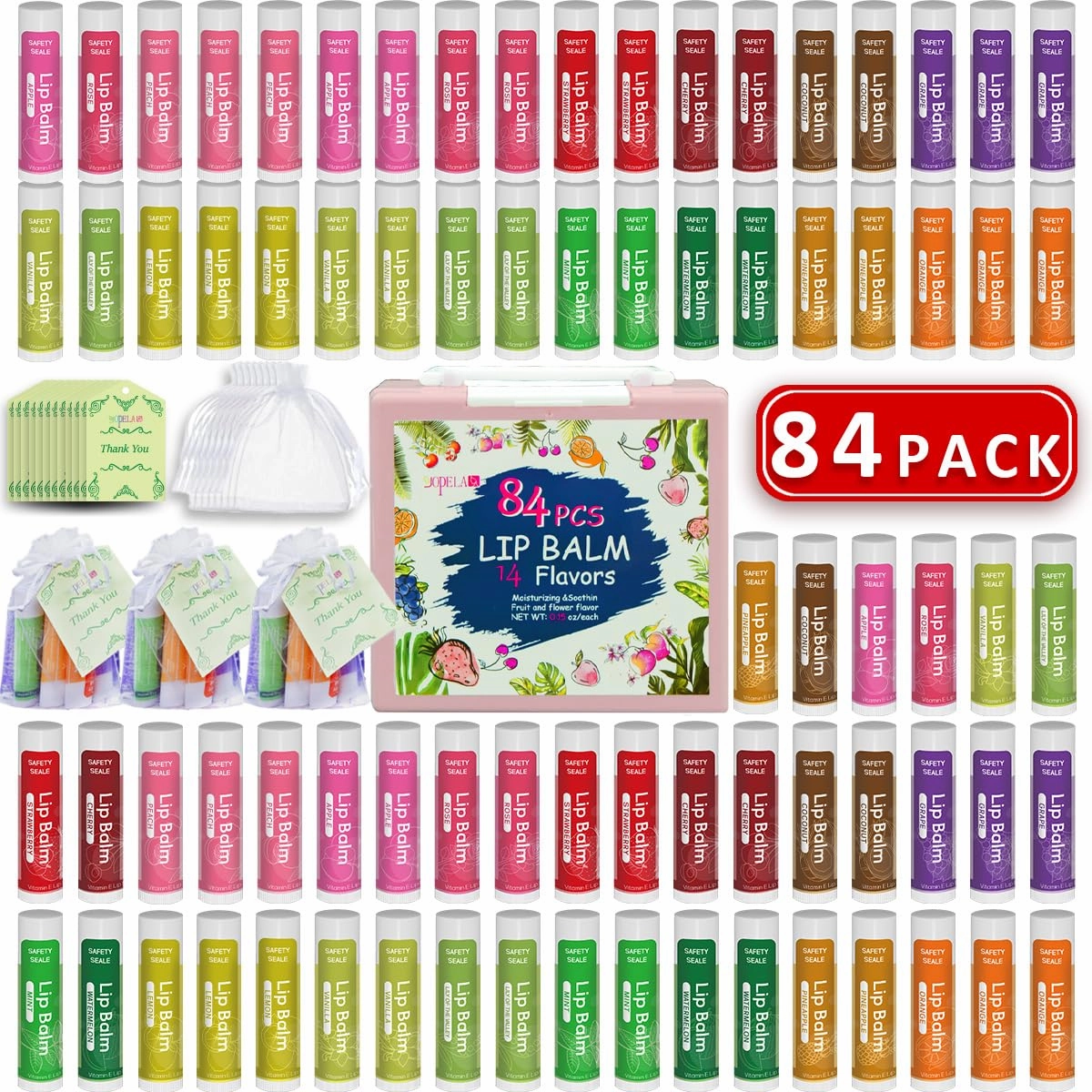 84 Pack Natural Lip Balm Bulk with Vitamin E and Coconut Oil - Moisturizing, Sootand cracked Lips, Mini Chap Stick Gifts for Kids Women Men- 14 Flavors - Non-GMO