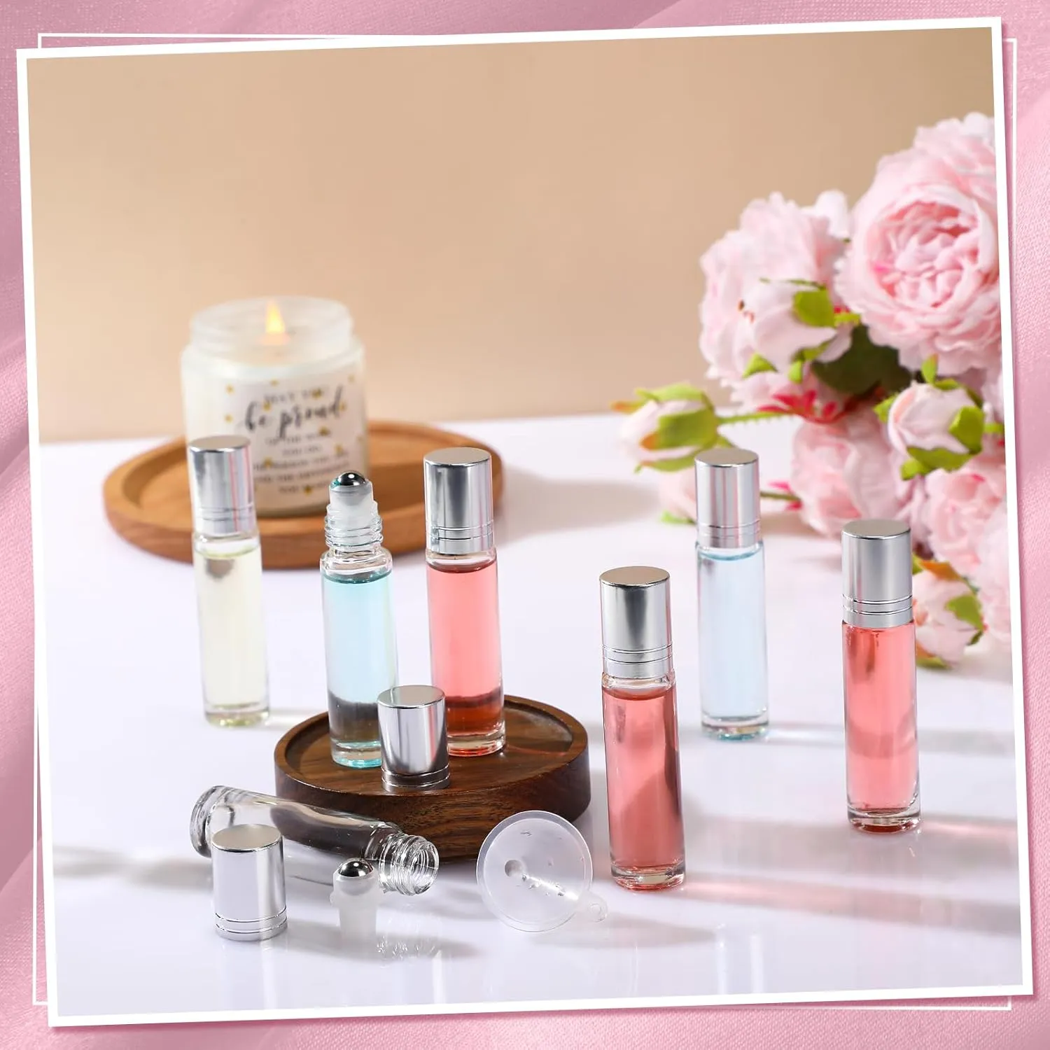 96 Pcs Essential Oil Roller Bottles 10ml Empty Glass Roller Bottles with Stainless Steel Balls Protection Leakproof with 5 Funnel for Travel Perfume Lip Gloss (Clear, White Lid)