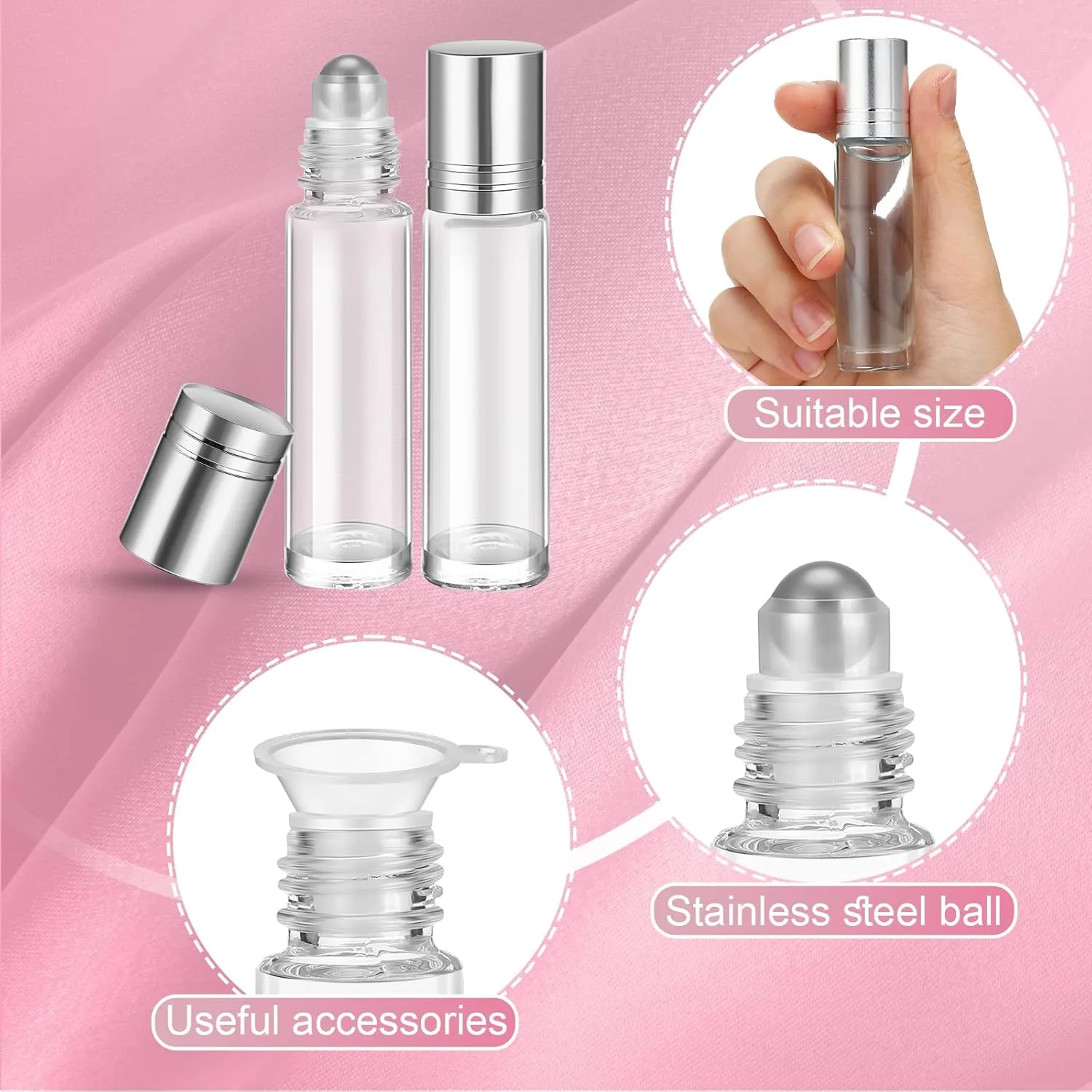 96 Pcs Essential Oil Roller Bottles 10ml Empty Glass Roller Bottles with Stainless Steel Balls Protection Leakproof with 5 Funnel for Travel Perfume Lip Gloss (Clear, White Lid)