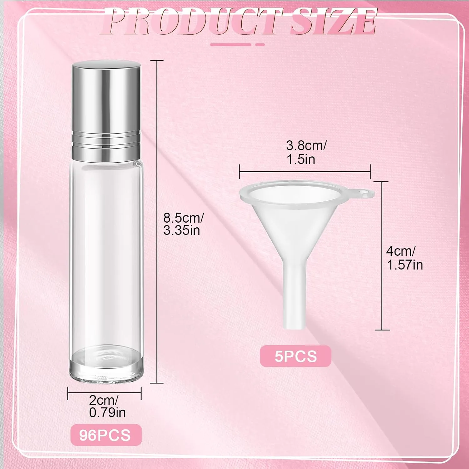 96 Pcs Essential Oil Roller Bottles 10ml Empty Glass Roller Bottles with Stainless Steel Balls Protection Leakproof with 5 Funnel for Travel Perfume Lip Gloss (Clear, White Lid)