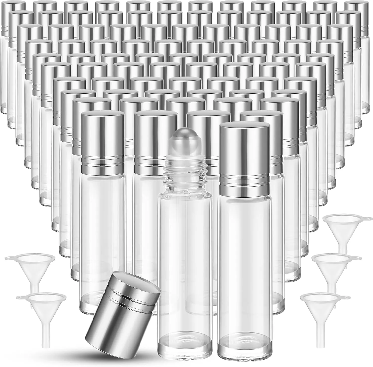 96 Pcs Essential Oil Roller Bottles 10ml Empty Glass Roller Bottles with Stainless Steel Balls Protection Leakproof with 5 Funnel for Travel Perfume Lip Gloss (Clear, White Lid)