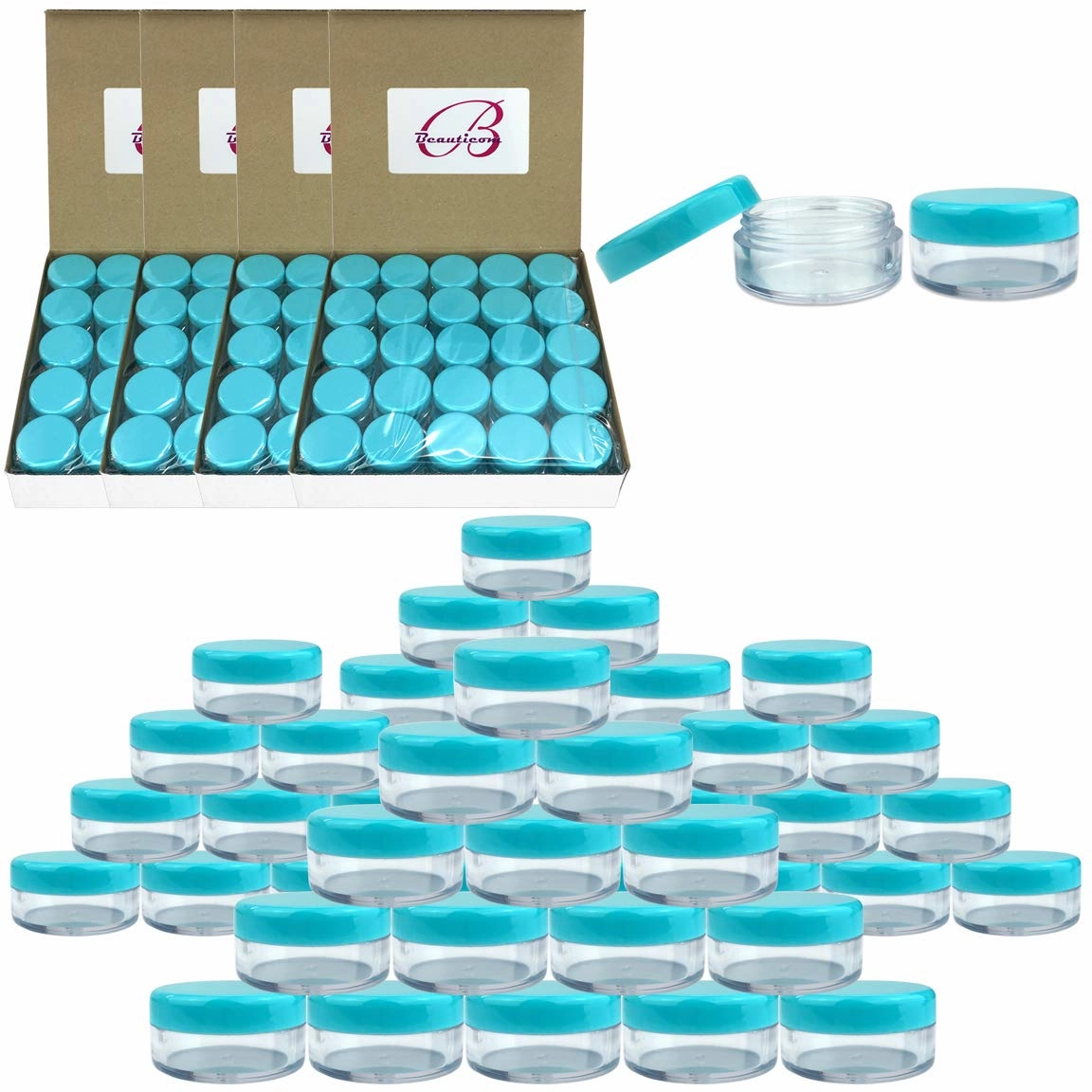 (Quantity: 500 Pieces) Beauticom 5G/5ML Round Clear Jars with Teal Sky Blue Lids for Scrubs, Oils, Toner, Salves, Creams, Lotions, Makeup Samples, Lip Balms - BPA Free