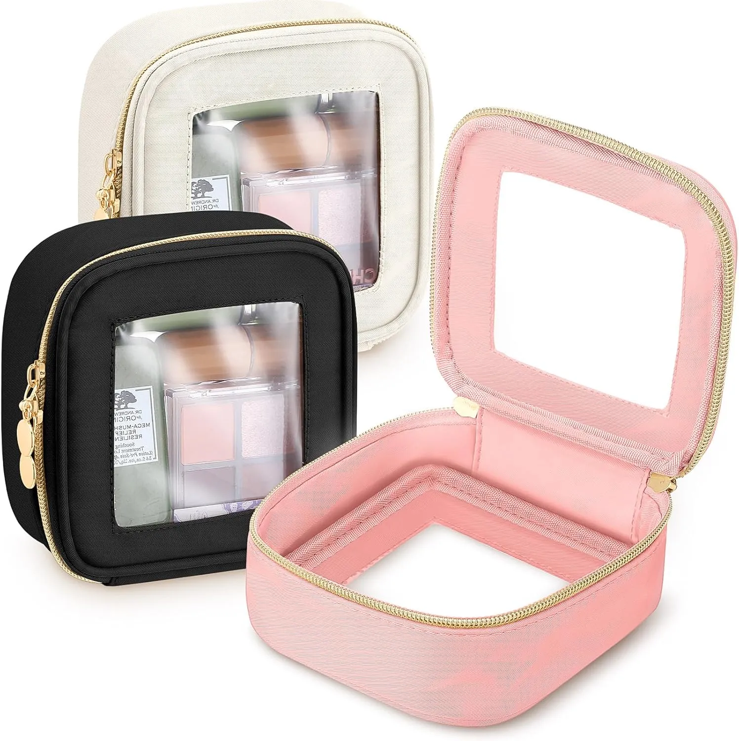 Abbylike 3 Pcs Clear Mini Makeup Bag Small Car Toiletry Bag Nylon Cosmetic Pouch Transparent Makeup Case Pouch with Zipper Portable Make Up Organizer for Car Essentials (Black,White,Pink)
