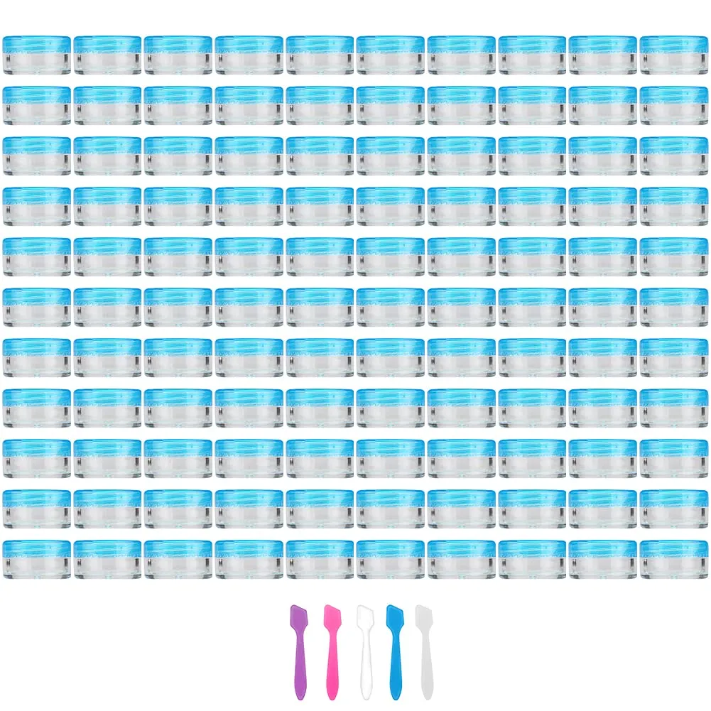 Accmor 100 Pieces 3g Empty Clear Plastic Sample Containers with Blue Lids Cosmetic Pot Jars with 5 Pieces Mini Spatulas by Accmor