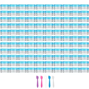 Accmor 100 Pieces 3g Empty Clear Plastic Sample Containers with Blue Lids Cosmetic Pot Jars with 5 Pieces Mini Spatulas by Accmor