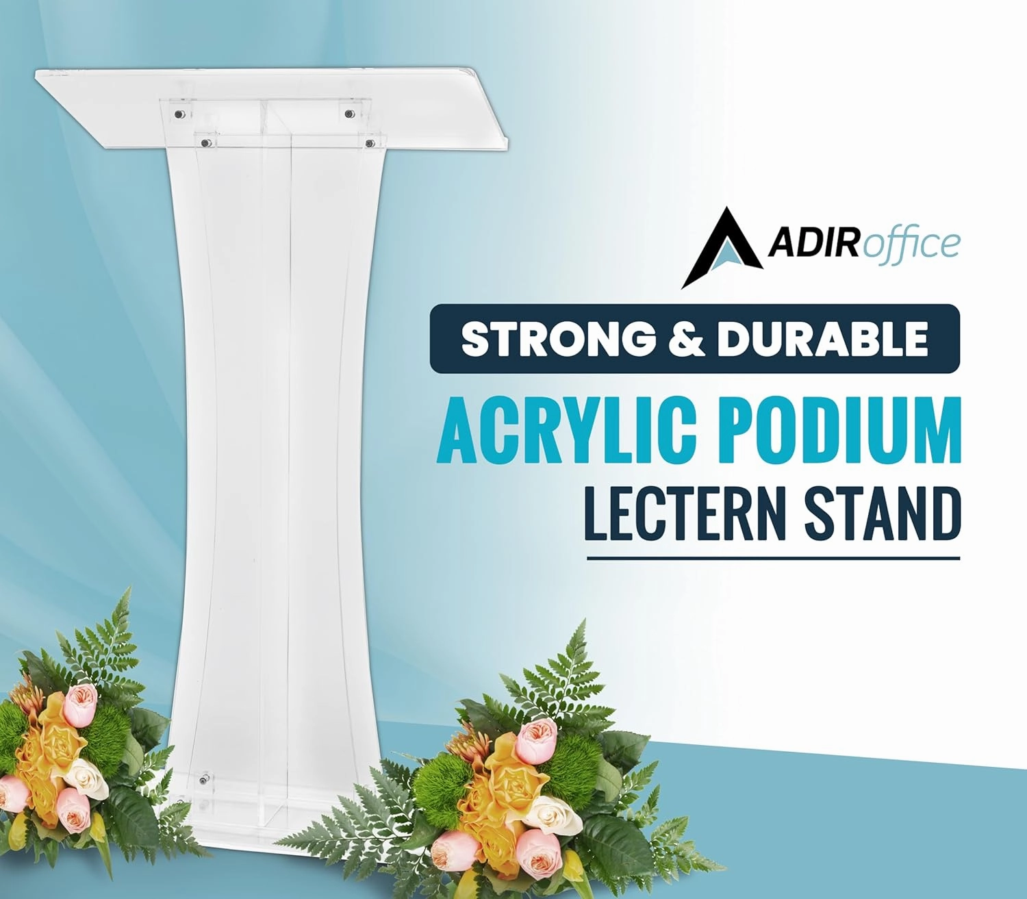 AdirOffice Clear Acrylic Podium, Ideal for use as Pulpits for Churches, Podium Stand for Wedding, or as Acrylic Lectern