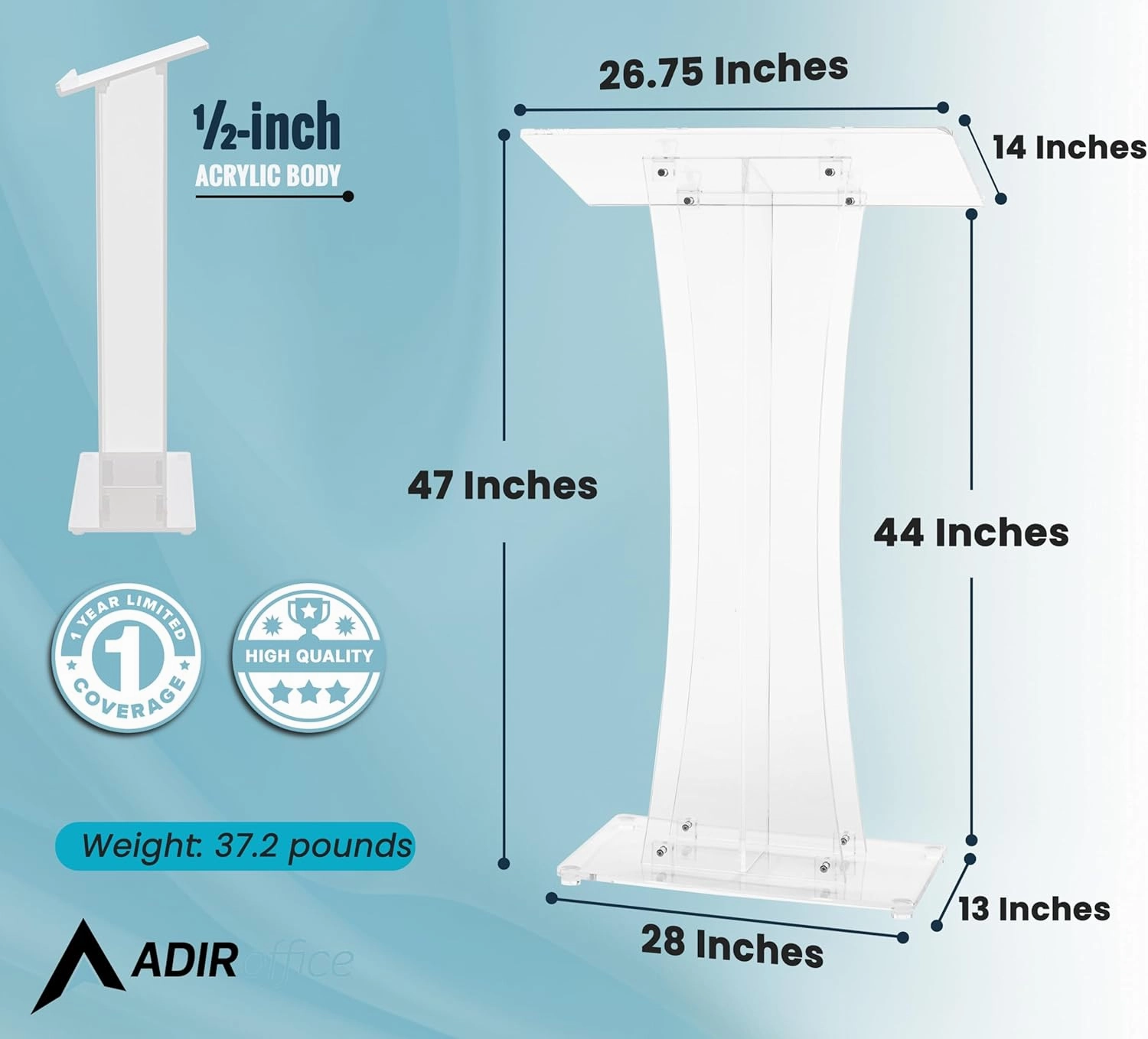 AdirOffice Clear Acrylic Podium, Ideal for use as Pulpits for Churches, Podium Stand for Wedding, or as Acrylic Lectern