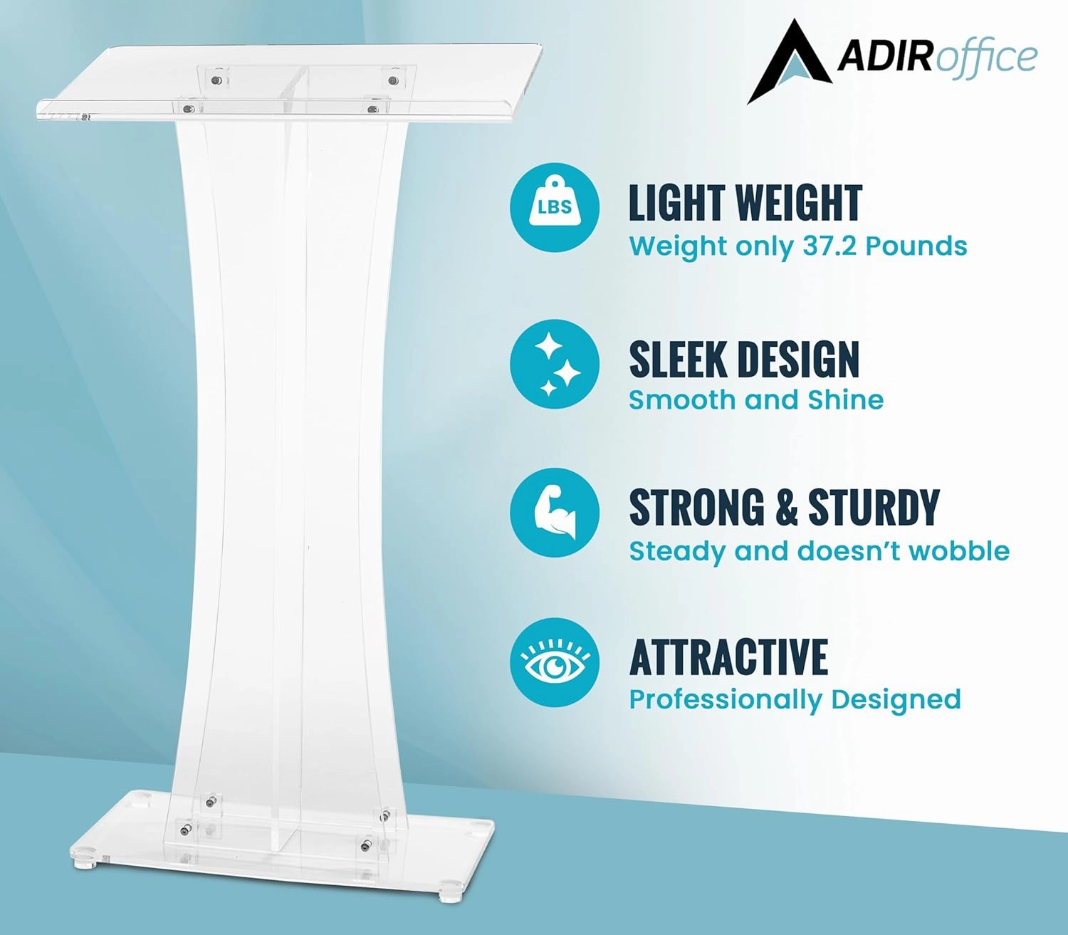 AdirOffice Clear Acrylic Podium, Ideal for use as Pulpits for Churches, Podium Stand for Wedding, or as Acrylic Lectern