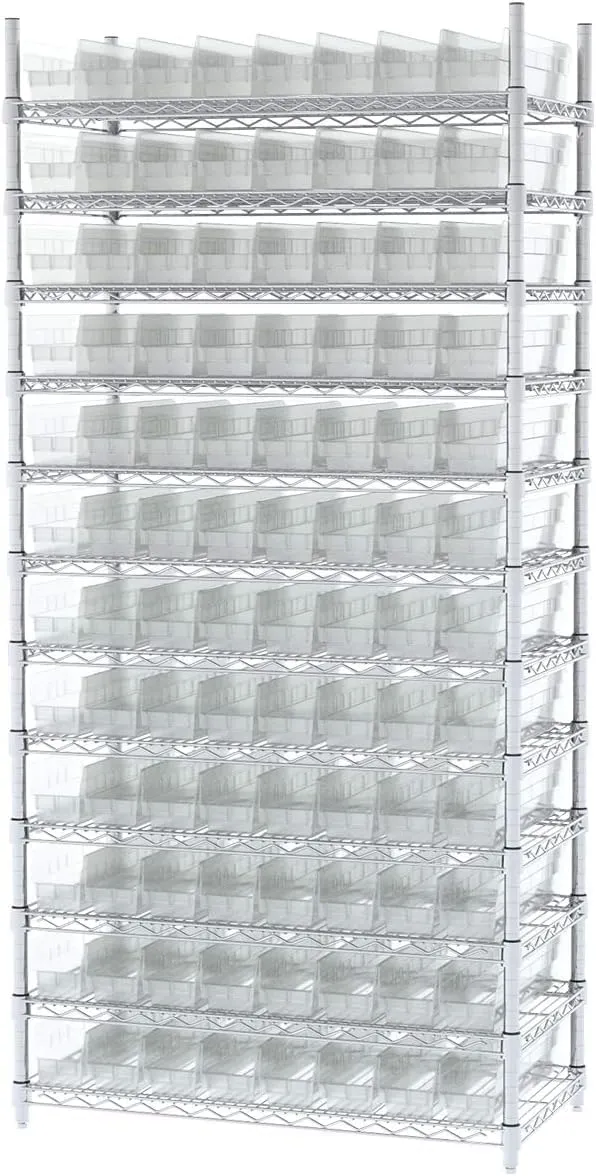 Akro-Mils 30128 Plastic Shelf Bins, Heavy Duty Storage Bins for Garage, Closet, and Drawer Organization, 18-Inch x 4-Inch x 4-Inch, Clear, 12-Pack