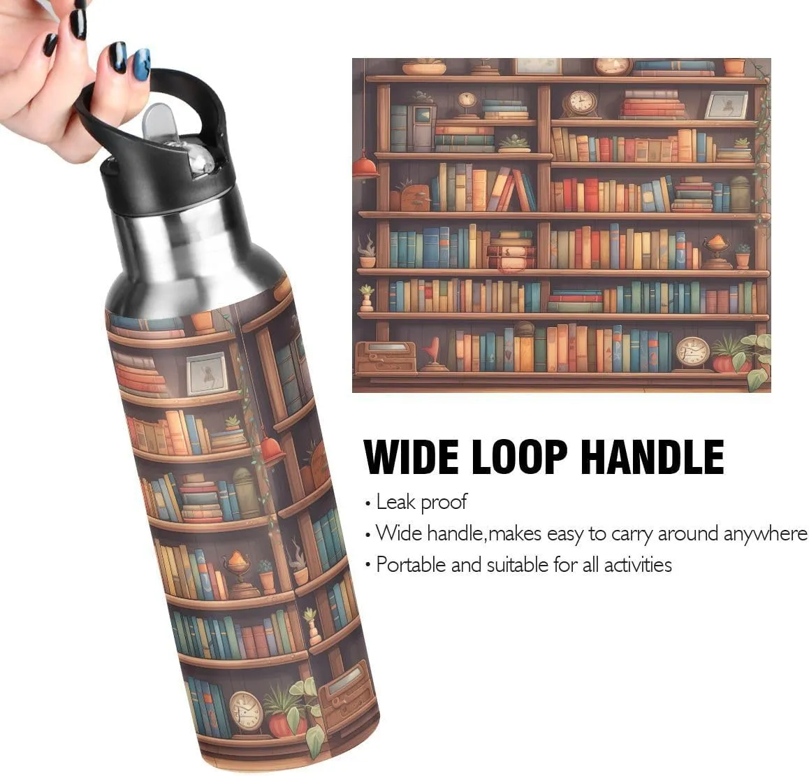 ALAZA Cartoon Bookshelf Book Water Bottle with Straw Lid Insulated Stainless Steel Travel Water Flask Leakproof Bottle for Women Men