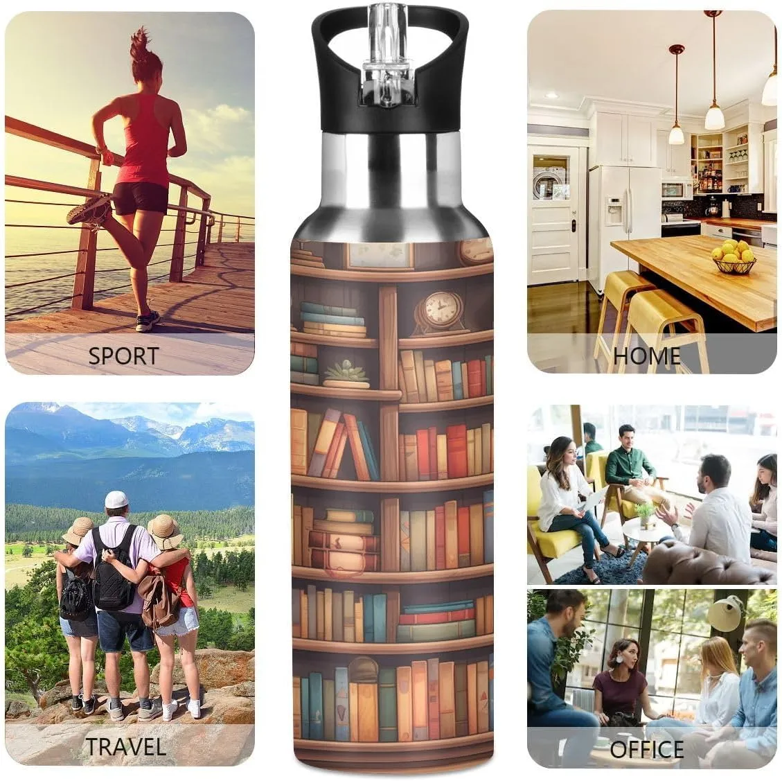 ALAZA Cartoon Bookshelf Book Water Bottle with Straw Lid Insulated Stainless Steel Travel Water Flask Leakproof Bottle for Women Men