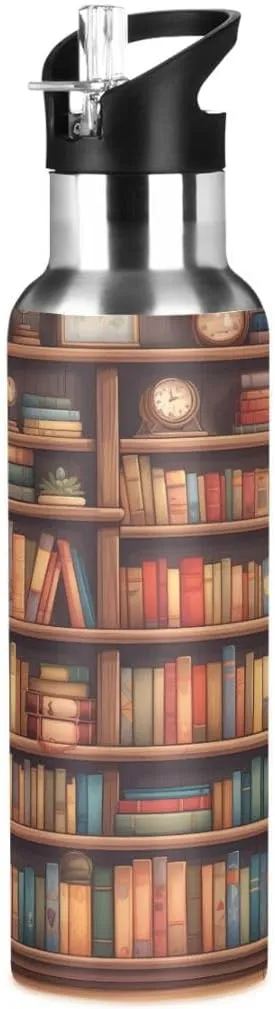 ALAZA Cartoon Bookshelf Book Water Bottle with Straw Lid Insulated Stainless Steel Travel Water Flask Leakproof Bottle for Women Men