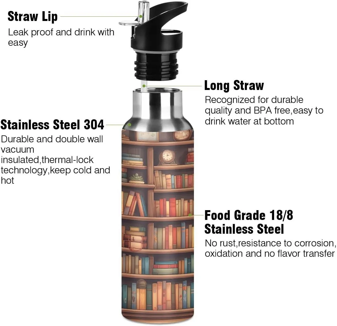 ALAZA Cartoon Bookshelf Book Water Bottle with Straw Lid Insulated Stainless Steel Travel Water Flask Leakproof Bottle for Women Men