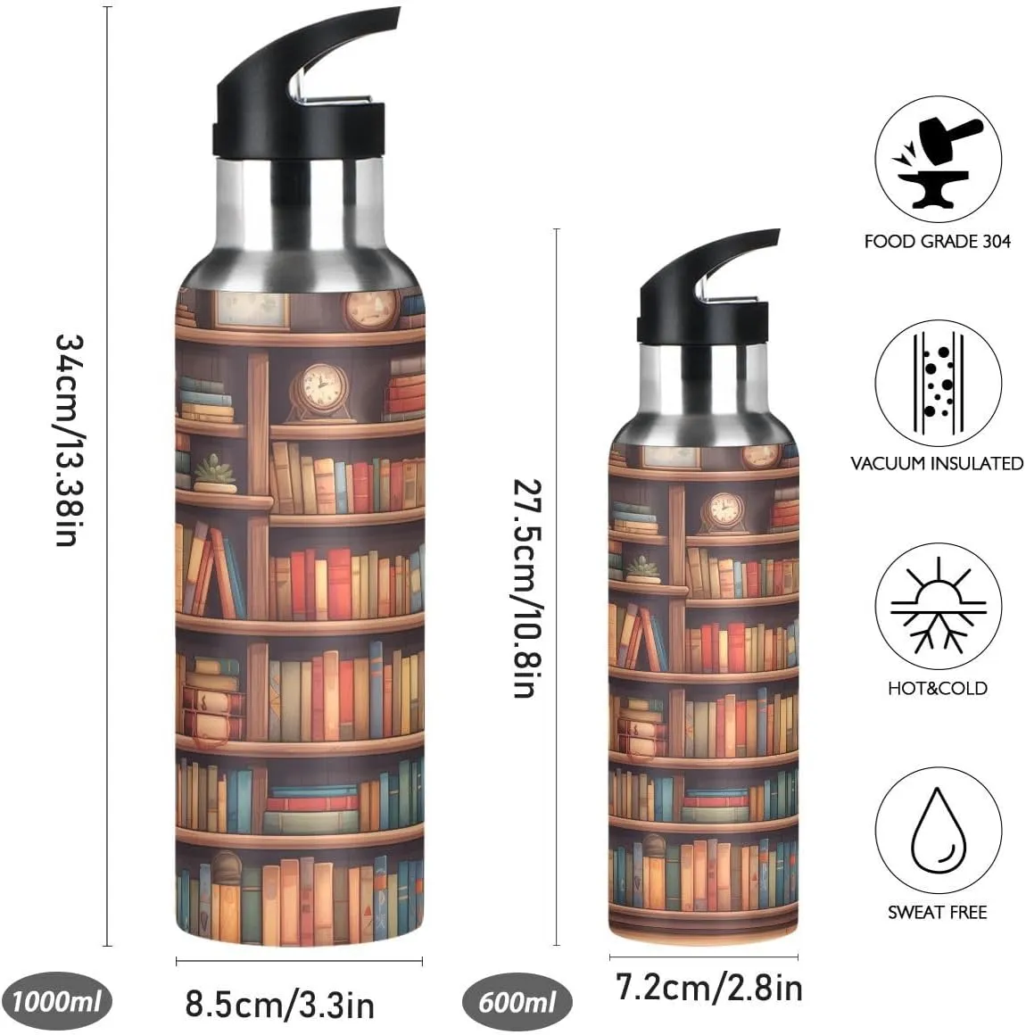 ALAZA Cartoon Bookshelf Book Water Bottle with Straw Lid Insulated Stainless Steel Travel Water Flask Leakproof Bottle for Women Men
