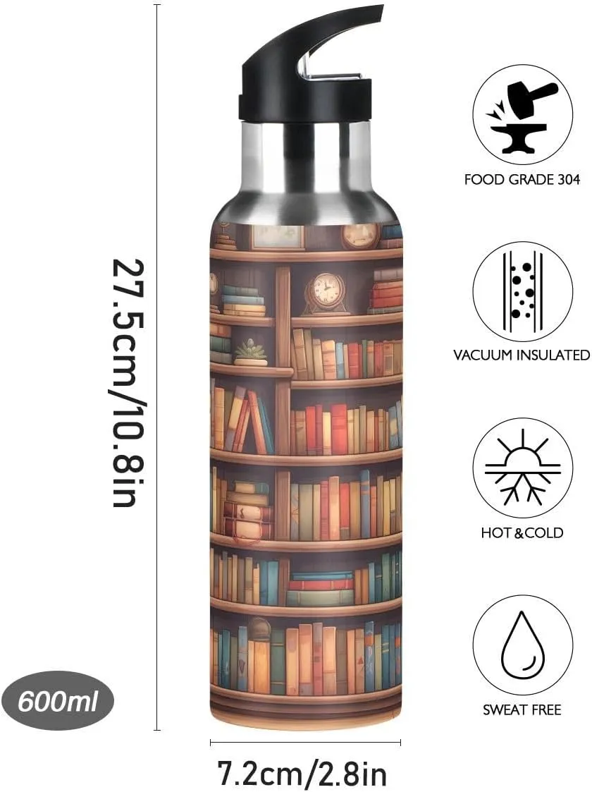 ALAZA Cartoon Bookshelf Book Water Bottle with Straw Lid Insulated Stainless Steel Travel Water Flask Leakproof Bottle for Women Men