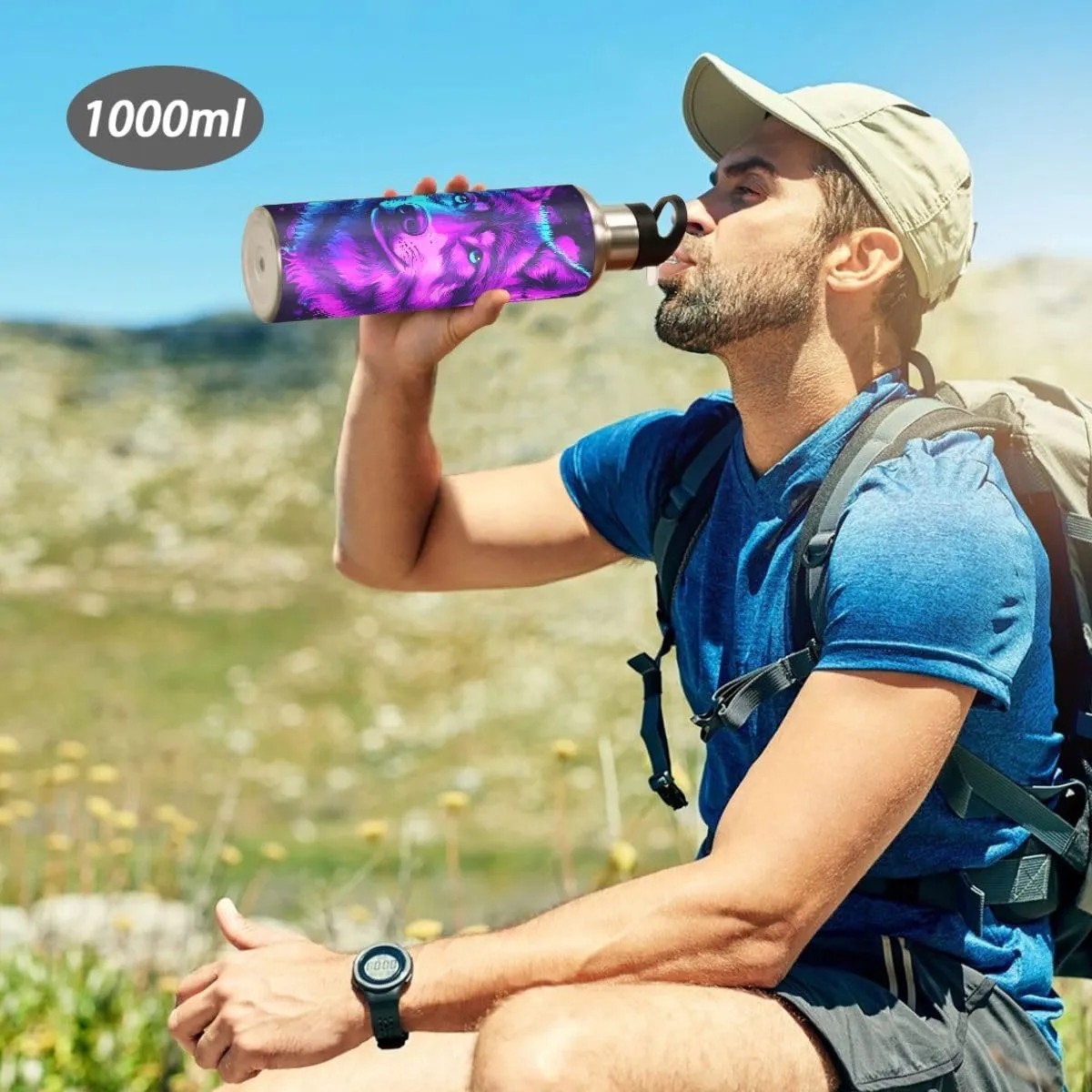 ALAZA Color Wolf Blue Water Bottle with Straw Lid Insulated Stainless Steel Travel Water Flask Leakproof Bottle Women Man