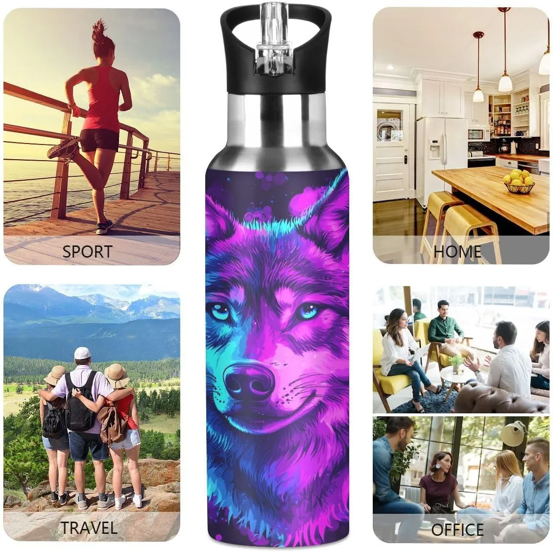 ALAZA Color Wolf Blue Water Bottle with Straw Lid Insulated Stainless Steel Travel Water Flask Leakproof Bottle Women Man