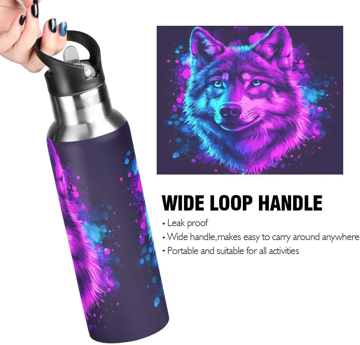 ALAZA Color Wolf Blue Water Bottle with Straw Lid Insulated Stainless Steel Travel Water Flask Leakproof Bottle Women Man