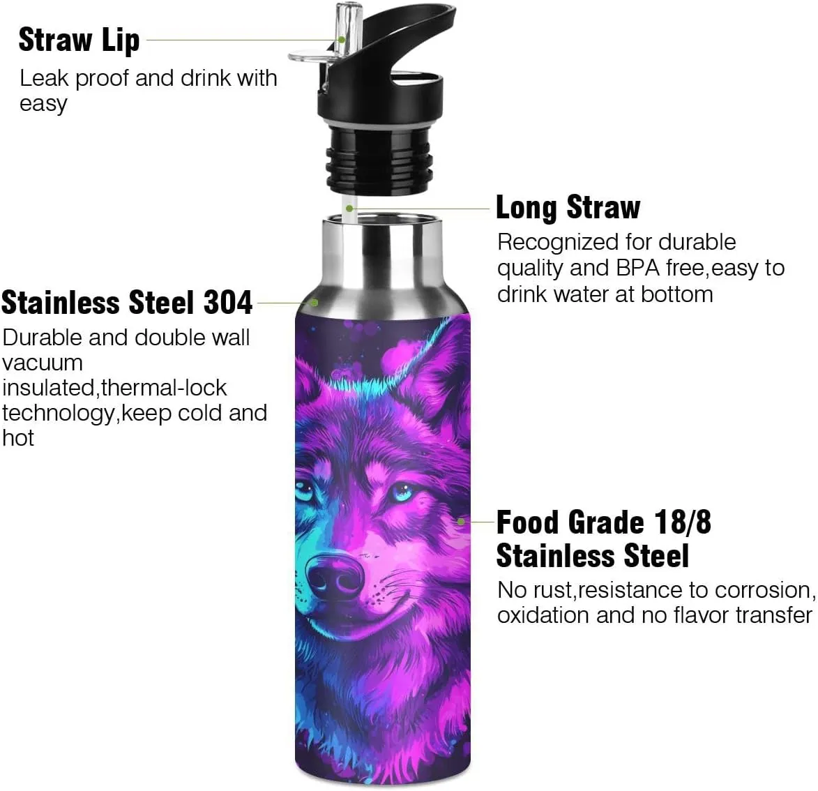 ALAZA Color Wolf Blue Water Bottle with Straw Lid Insulated Stainless Steel Travel Water Flask Leakproof Bottle Women Man