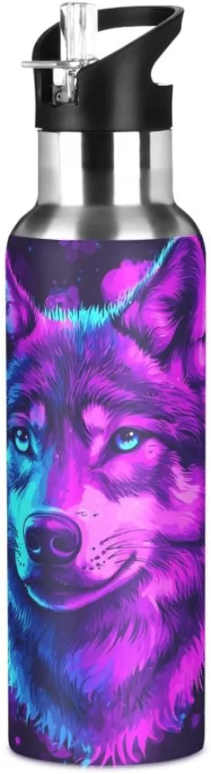 ALAZA Color Wolf Blue Water Bottle with Straw Lid Insulated Stainless Steel Travel Water Flask Leakproof Bottle Women Man