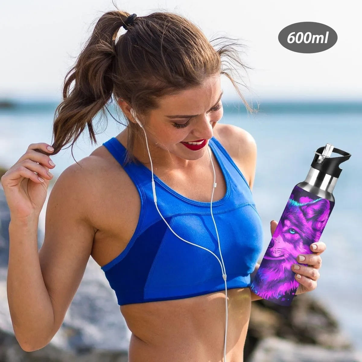 ALAZA Color Wolf Blue Water Bottle with Straw Lid Insulated Stainless Steel Travel Water Flask Leakproof Bottle Women Man
