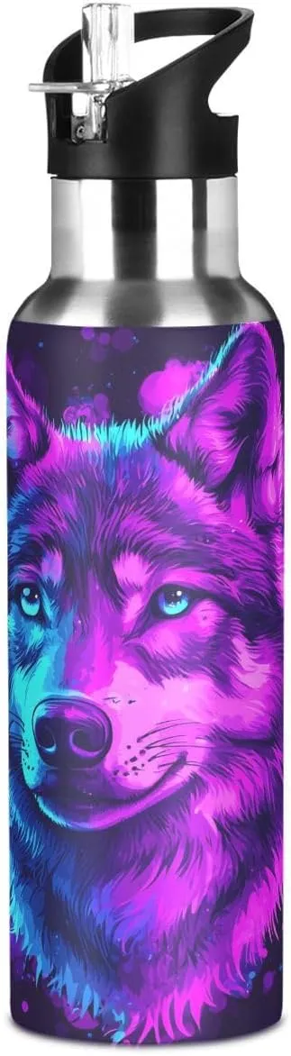ALAZA Color Wolf Blue Water Bottle with Straw Lid Insulated Stainless Steel Travel Water Flask Leakproof Bottle Women Man