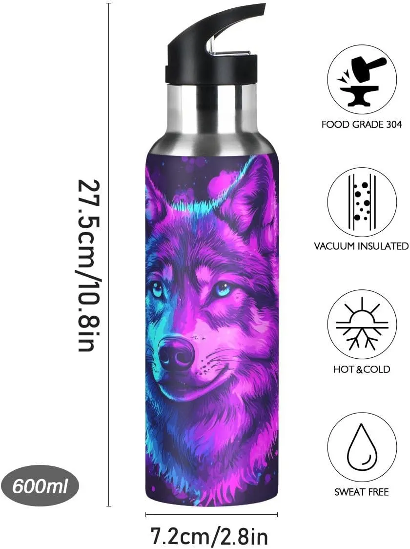 ALAZA Color Wolf Blue Water Bottle with Straw Lid Insulated Stainless Steel Travel Water Flask Leakproof Bottle Women Man