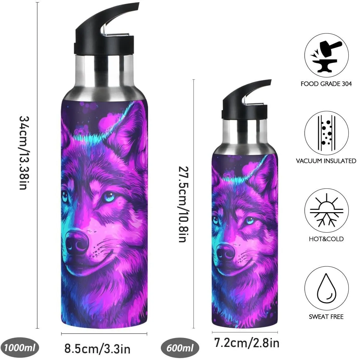 ALAZA Color Wolf Blue Water Bottle with Straw Lid Insulated Stainless Steel Travel Water Flask Leakproof Bottle Women Man