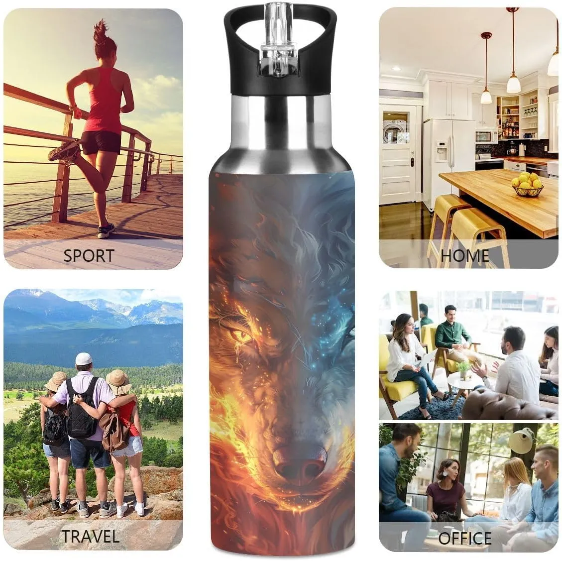 ALAZA Fire Eye Wolf Animal Water Bottle with Straw Lid Insulated Stainless Steel Travel Water Flask Leakproof Bottle for Women Men